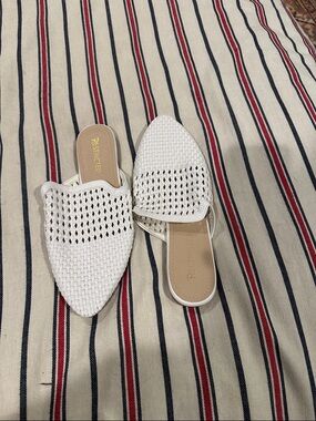 Restricted White Woven Pointed Mule Slides